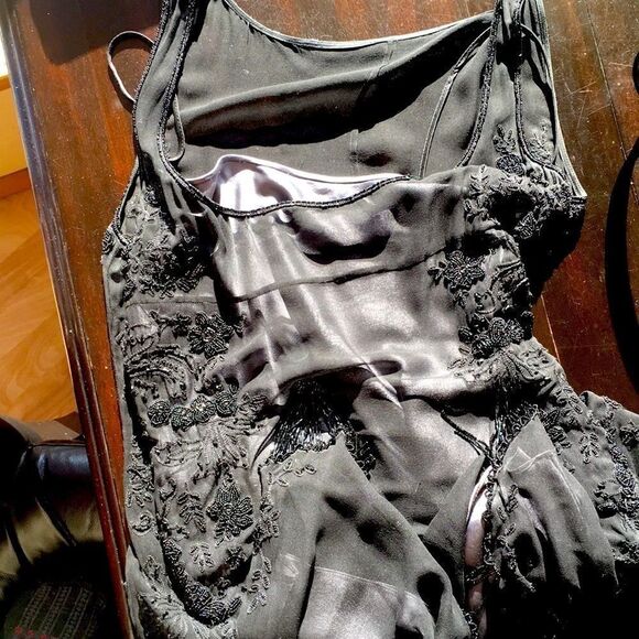 TAHARI Dress sheer sleeveless beaded silk black with grey slip two piece size 2 - Picture 7 of 16